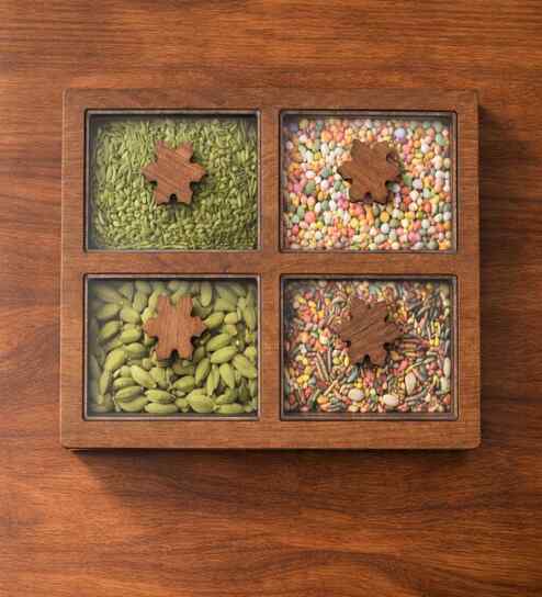 4-Section Wooden Dry Fruit Box With Glass Top