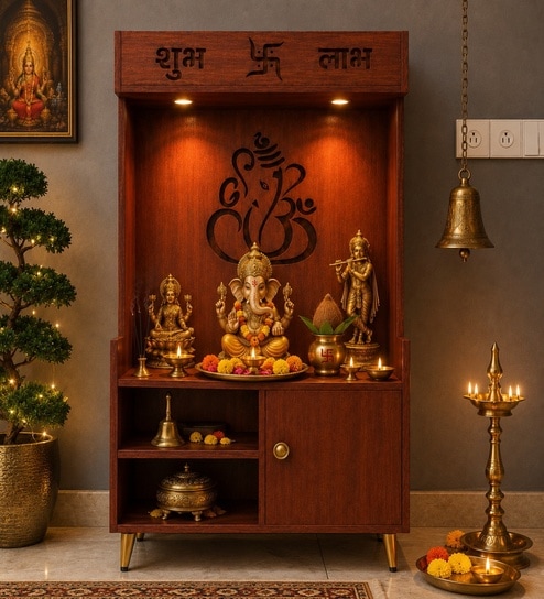 Wooden Floor Pooja Mandir with Ganesh Om Back Panel Shubh Labh Top Design & Cabinet
