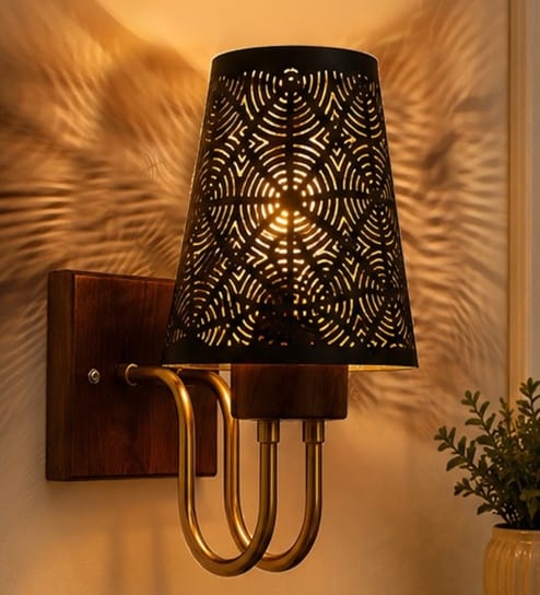 Wooden Gold Wall Lamp with Metal Etched Shade