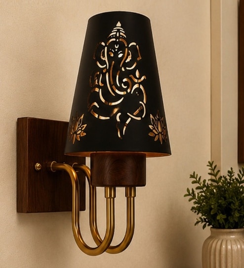 Wooden Gold Wall Lamp with Metal Etched Shade