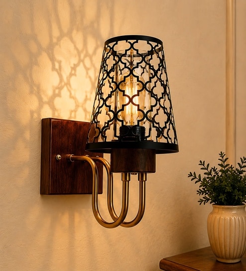 Wooden Gold Wall Lamp with Metal Etched Shade