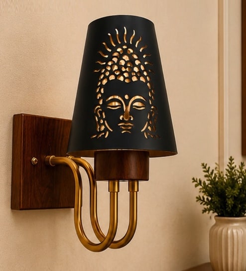 Wooden Gold Wall Lamp with Metal Etched Shade