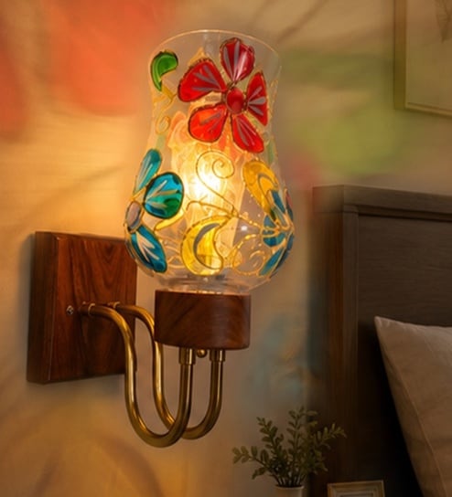 Wooden Gold Wall Lamp with Mosaic Glass
