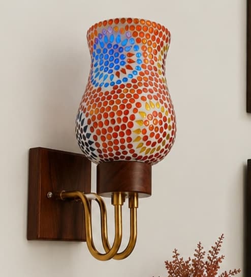 Wooden Gold Wall Lamp with Mosaic Glass