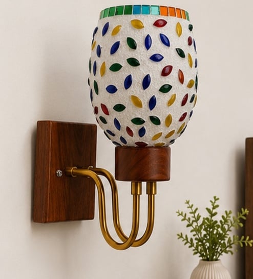 Wooden Gold Wall Lamp with Mosaic Glass