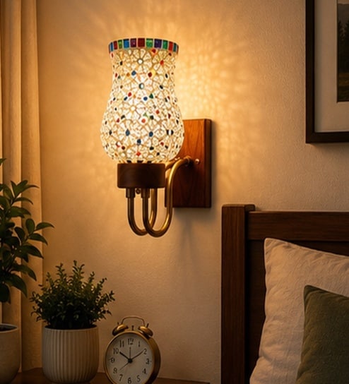 Wooden Gold Wall Lamp with Mosaic Glass
