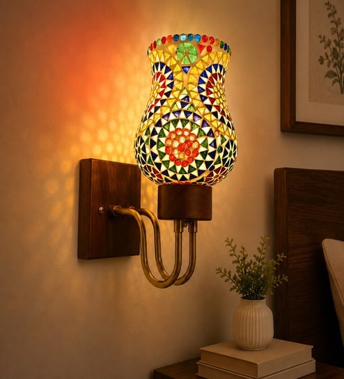 Wooden Gold Wall Lamp with Mosaic Glass