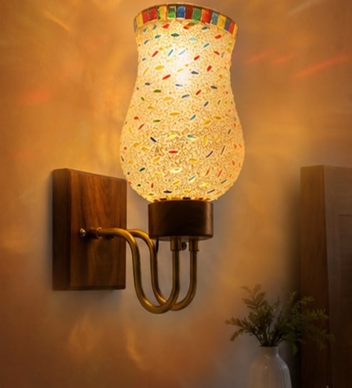 Wooden Gold Wall Lamp with Mosaic Glass
