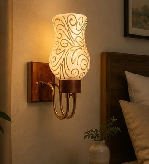 Wooden Gold Wall Lamp with Mosaic Glass