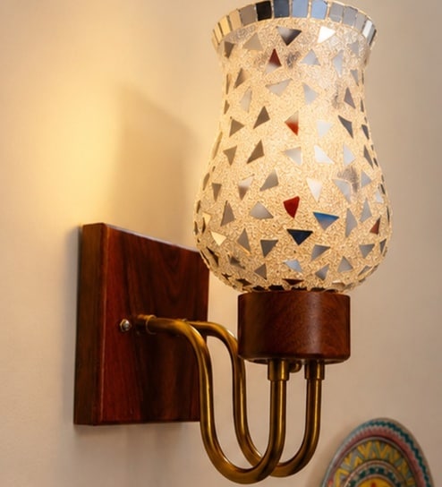 Wooden Gold Wall Lamp with Mosaic Glass