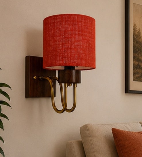 Wooden Gold Wall Lamp with Orange  Jute shade