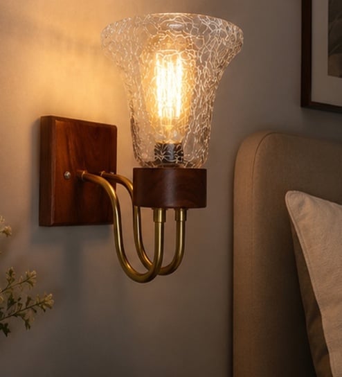 Wooden Gold Wall Lamp with Transparent Glass