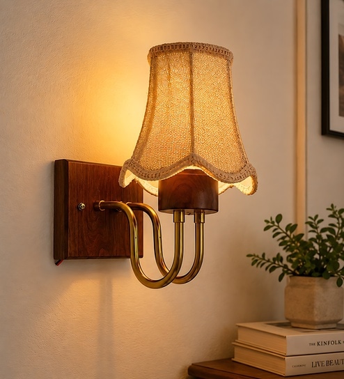 Wooden Gold Wall Lamp with Vintage Beige Jute  Shade