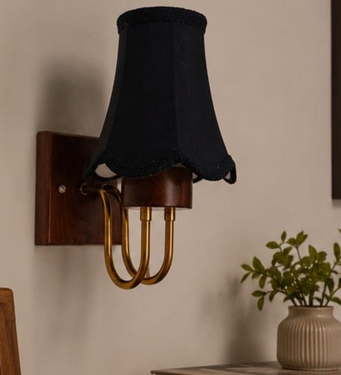 Wooden Gold Wall Lamp with Vintage Black cotton Shade