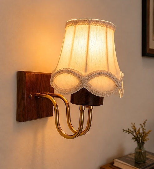 Wooden Gold Wall Lamp with Vintage off-white cotton Shade
