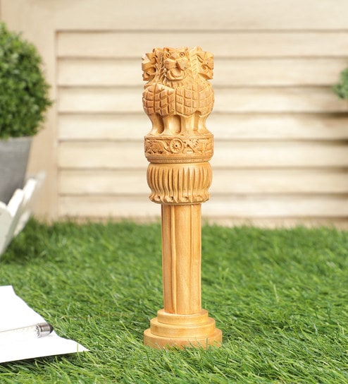 Buy Wooden Hand Carved Ashoka Pillar Table Decor Showpiece By