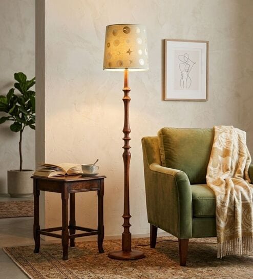 Wooden Handcrafted Natural Teak Floor Lamp with Medium Taper Printed Gold/Grey Fabric Lampshade - Classic Floor Lamp for Living Room & Bedroom