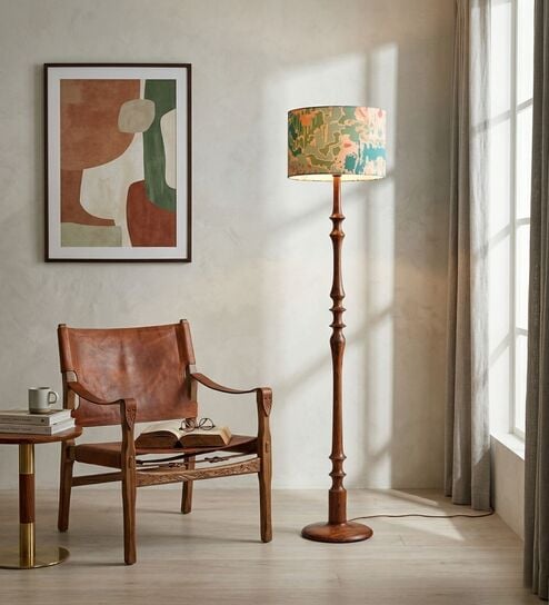 Wooden Handcrafted Natural Teak Floor Lamp with Printed Green Fabric Lampshade - Classic Floor Lamp for Living Room & Bedroom