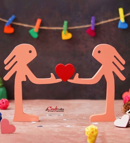 Wooden Handcrafted Couple Showpiece Holding Heart