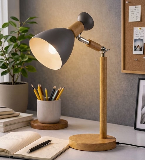 Wooden-Metalic Gray Study Desk Lamp