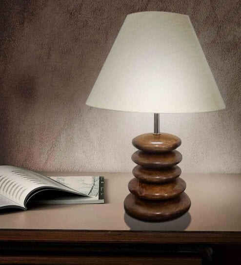Wooden Pebble Beige Fabric Shade Table Lamp With Brown Base By Disoo Fashions