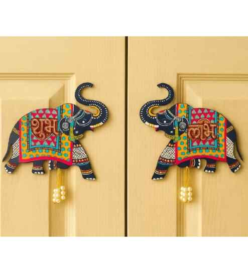 Wooden Shubh Labh Tags for Door Entrance, Kamal Toran Pair, Side Hangings with Parrot for Home Decoration, Mandir, Diwali Festival Decor
