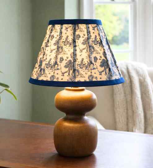 Wooden Table Lamp with Blue Floral Printed Shade
