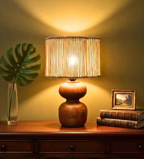 Wooden Table Lamp with Natural Thread Drum Shade