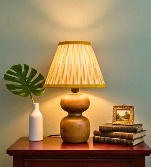 Wooden Table Lamp with Pleated Fabric Shade