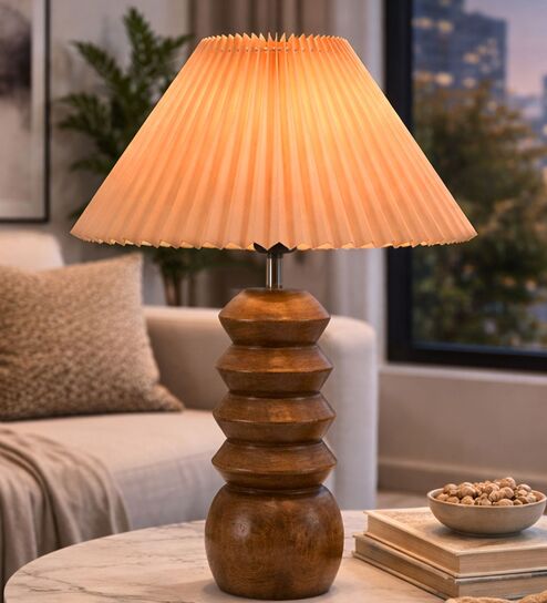 Wooden Totem Table Lamp with Pleated Shade for Living room and study lamp