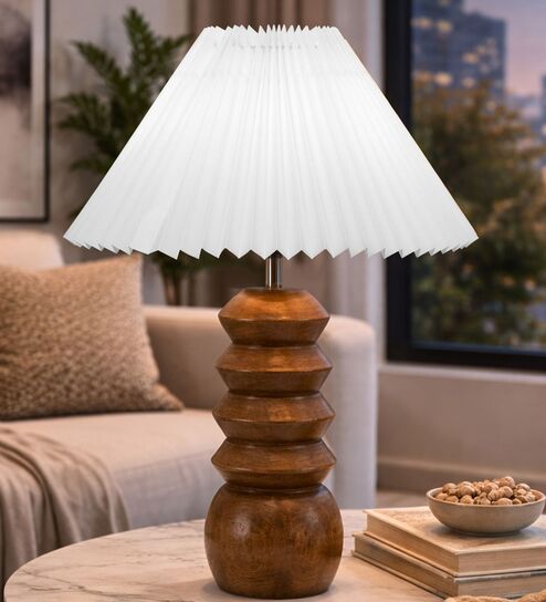 Wooden Totem Table Lamp with Pleated Shade for Living room and study lamp