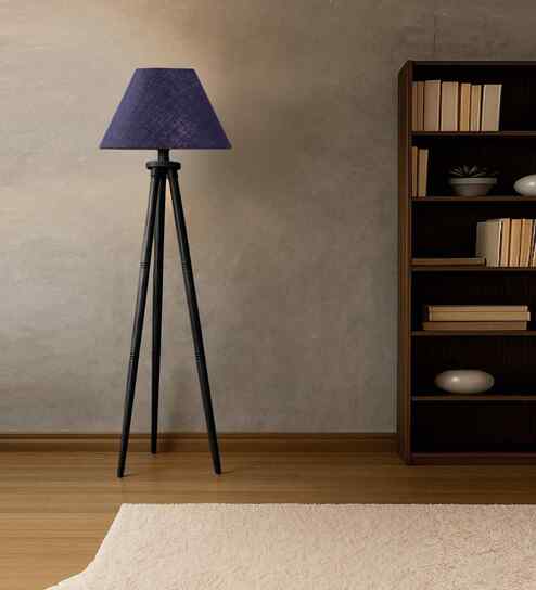 Wooden Tripod Floor Lamp With Blue Cotton Drum Shade
