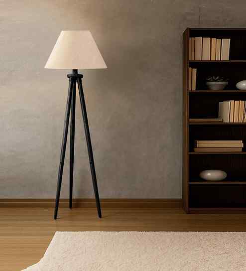 Wooden Tripod Floor Lamp With Off-White Cotton Drum Shade