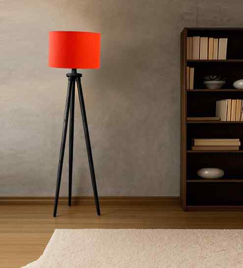 Wooden Tripod Floor Lamp With Orange Cotton Drum Shade