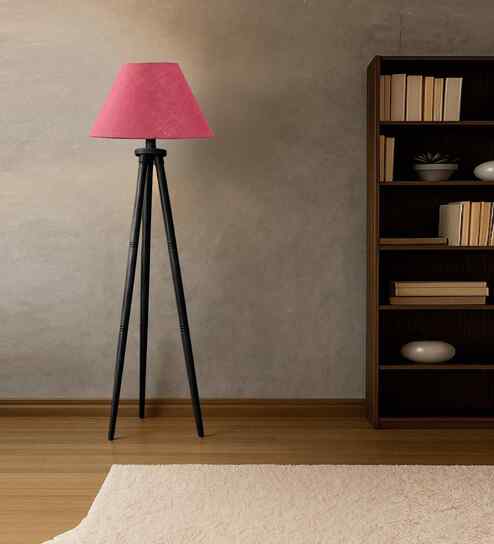 Wooden Tripod Floor Lamp With Pink Jute Drum Shade