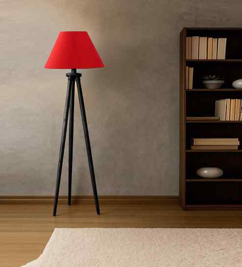 Wooden Tripod Floor Lamp With Red Cotton Drum Shade