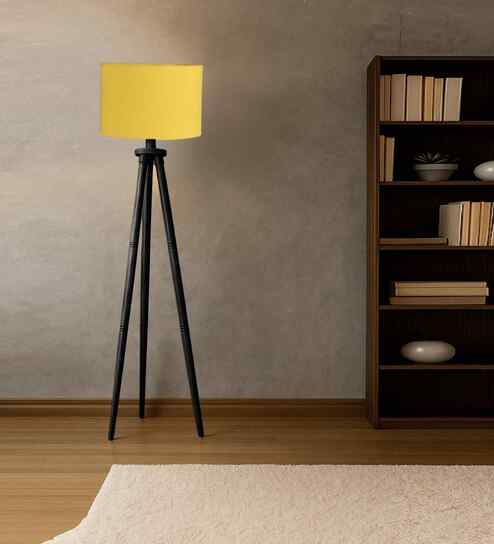 Wooden Tripod Floor Lamp With Yellow Cotton Drum Shade