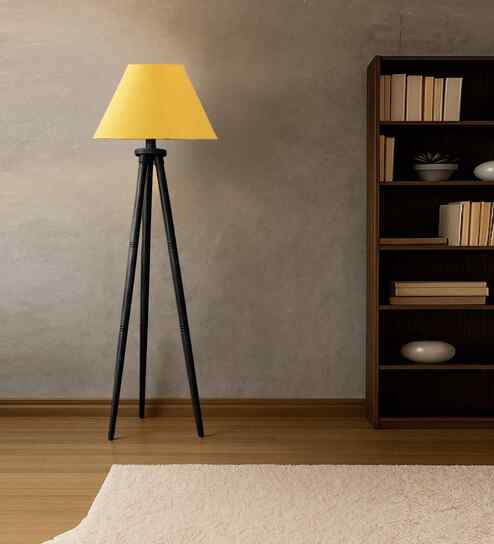 Wooden Tripod Floor Lamp With Yellow Cotton Drum Shade