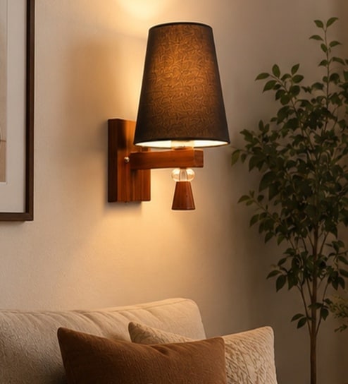 Wooden Wall Lamp with Black cotton shade