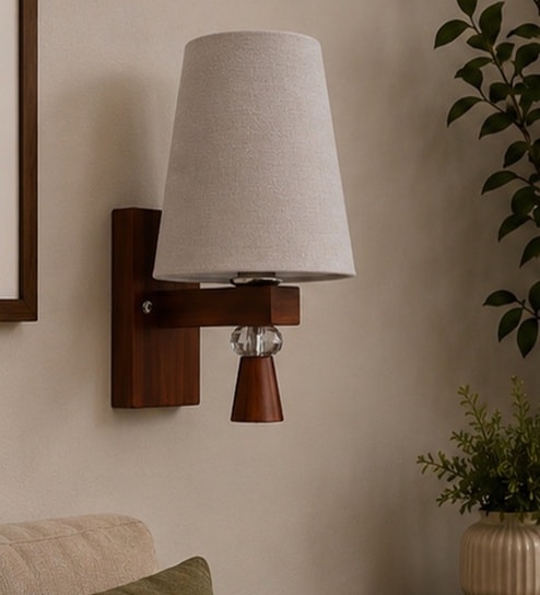 Wooden Wall Lamp with Grey  cotton shade