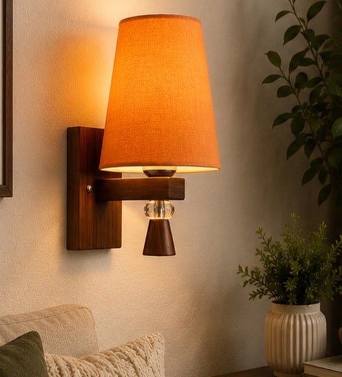Wooden Wall Lamp with Orange cotton shade
