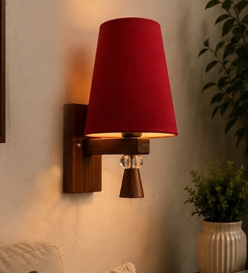 Wooden Wall Lamp with Red cotton shade