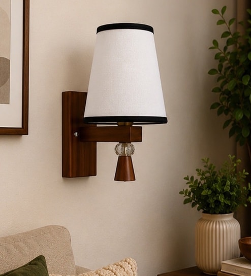 Wooden Wall Lamp with White & Black  cotton shade
