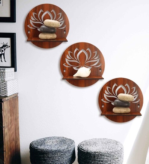 (Set Of 3) Lotus Wooden Wall Shelfs In Brown Color