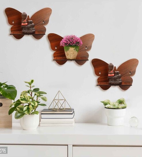 (Set Of 3) Butterfly Wooden Wall Shelfs In Brown Color