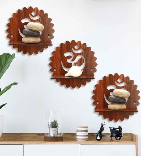 (Set Of 3)Om Wooden Wall Shelfs In Brown Color
