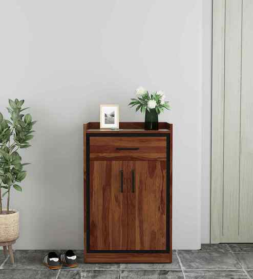 Woodland 2 Door Shoe Cabinet With Drawer In Sheesham & Melamine Finish