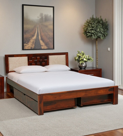 Woodway Sheesham Wood King Size Bed In Honey Oak  Finish With Drawer Storage