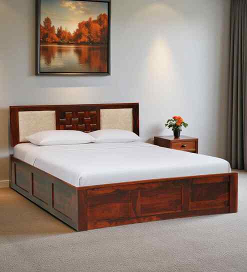 Woodway Sheesham Wood Queen Size Bed In Honey Oak  Finish With Box Storage