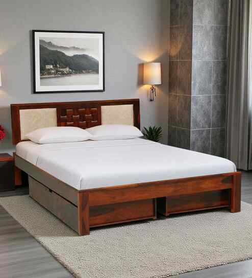 Woodway Sheesham Wood Queen Size Bed In Honey Oak  Finish With Drawer Storage